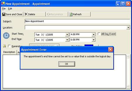 appointment dialog logical day properties