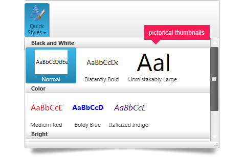 Use the WPF ribbon gallery to scroll through a list of pictured options that help users make a decision.