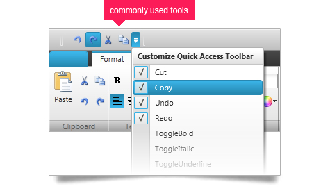 Users can use the quick access toolbar to access the more commonly used functions easily.
