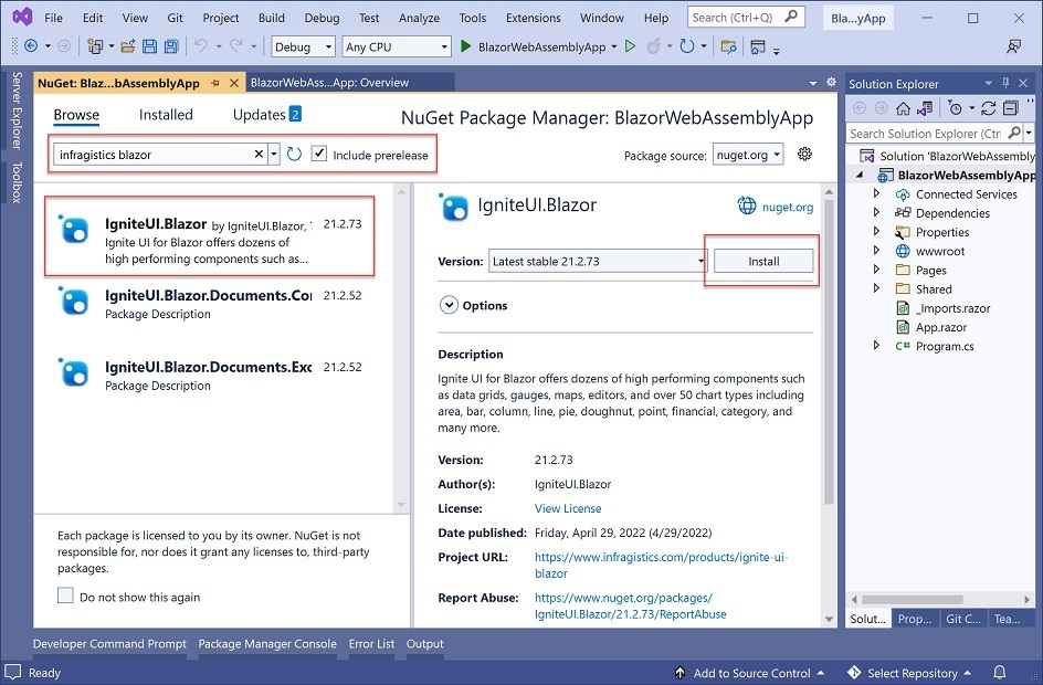 Add Blazor Nuget Packages to Visual Studio Project