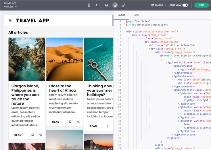 launching travel app in app builder and previewing Blazor code