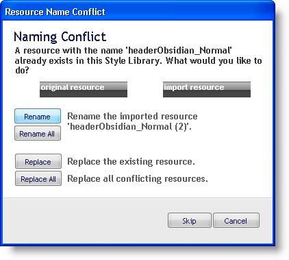 The Resource Name Conflict dialog box.