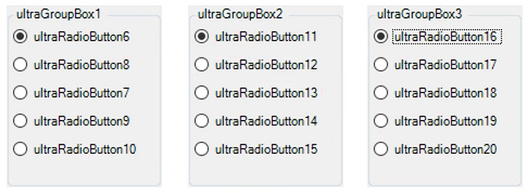 Example of WinRadioButtons placed in WinGroupBoxes to cause them to be grouped by default.
