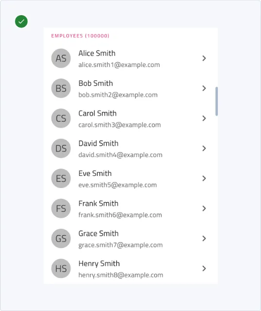 Angular Virtual Scroll showing a list of 100,000 employees