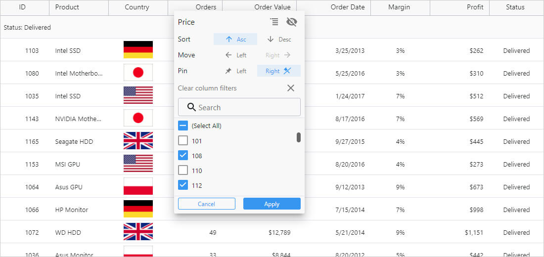 Icon of column options dialog features Icon of column options dialog features on the React Data Grid
