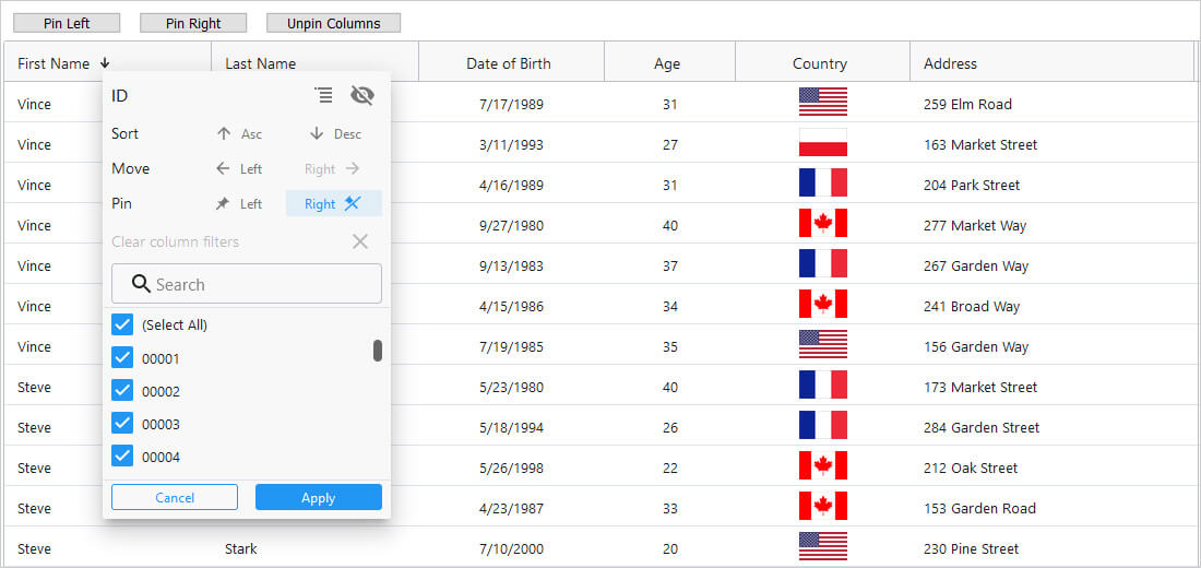 Icon of column pinning functionality Icon of column pinning functionality within the React Data Grid