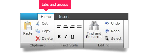 Utilize the Silverlight ribbon tabs and groups feature to further organize your applications functions.