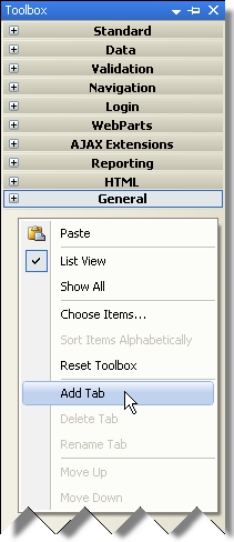 Visual Studio toolbox context menu showing and the Add Tab option highlighted..